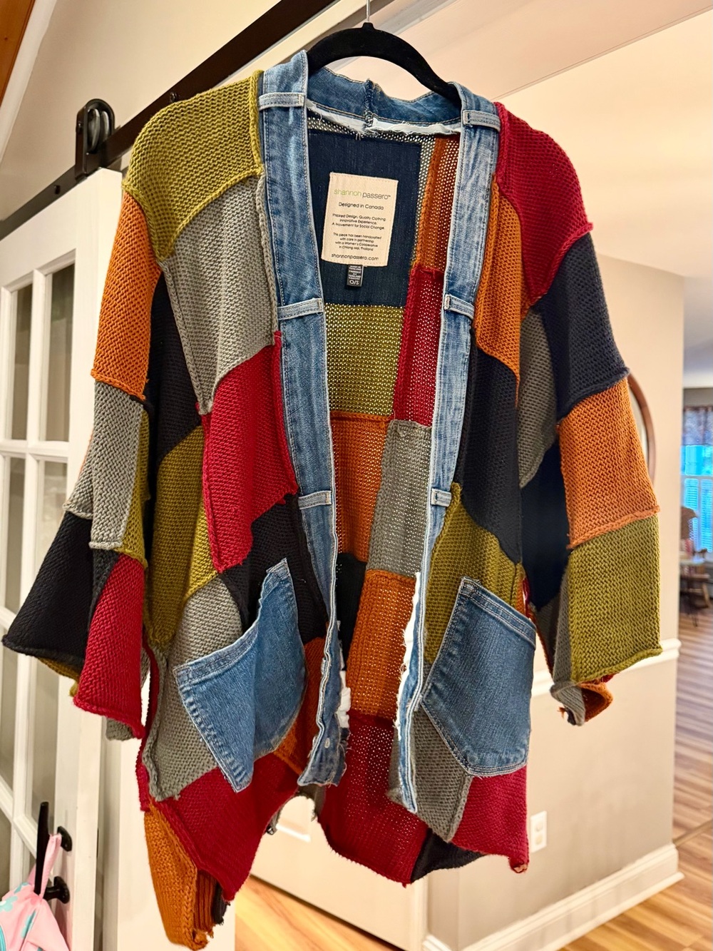 Shannon Passero Multicolor Patchwork Knit Cardigan with Denim Trim